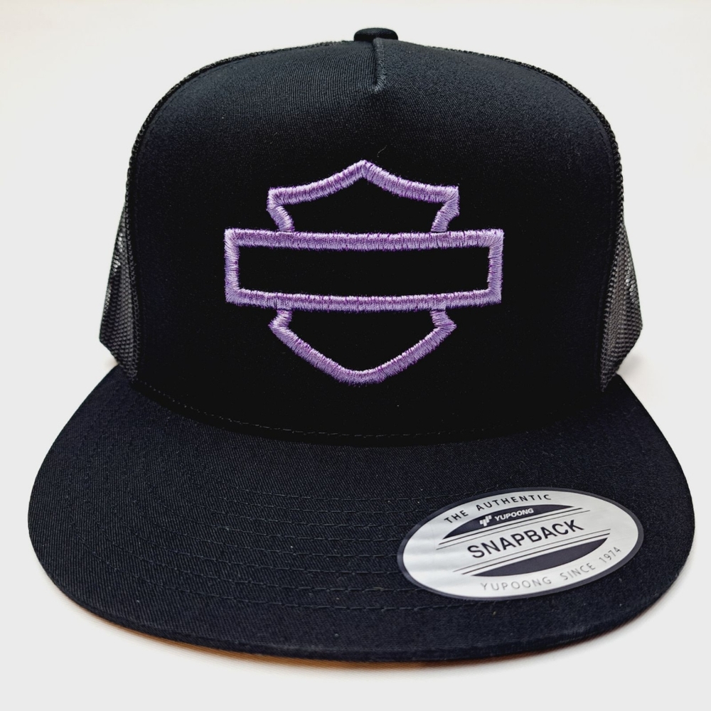 Harley Davidson Bar and Shield Logo Purple Embroidery Yupoong Flat Bill Trucker - Picture 1 of 3